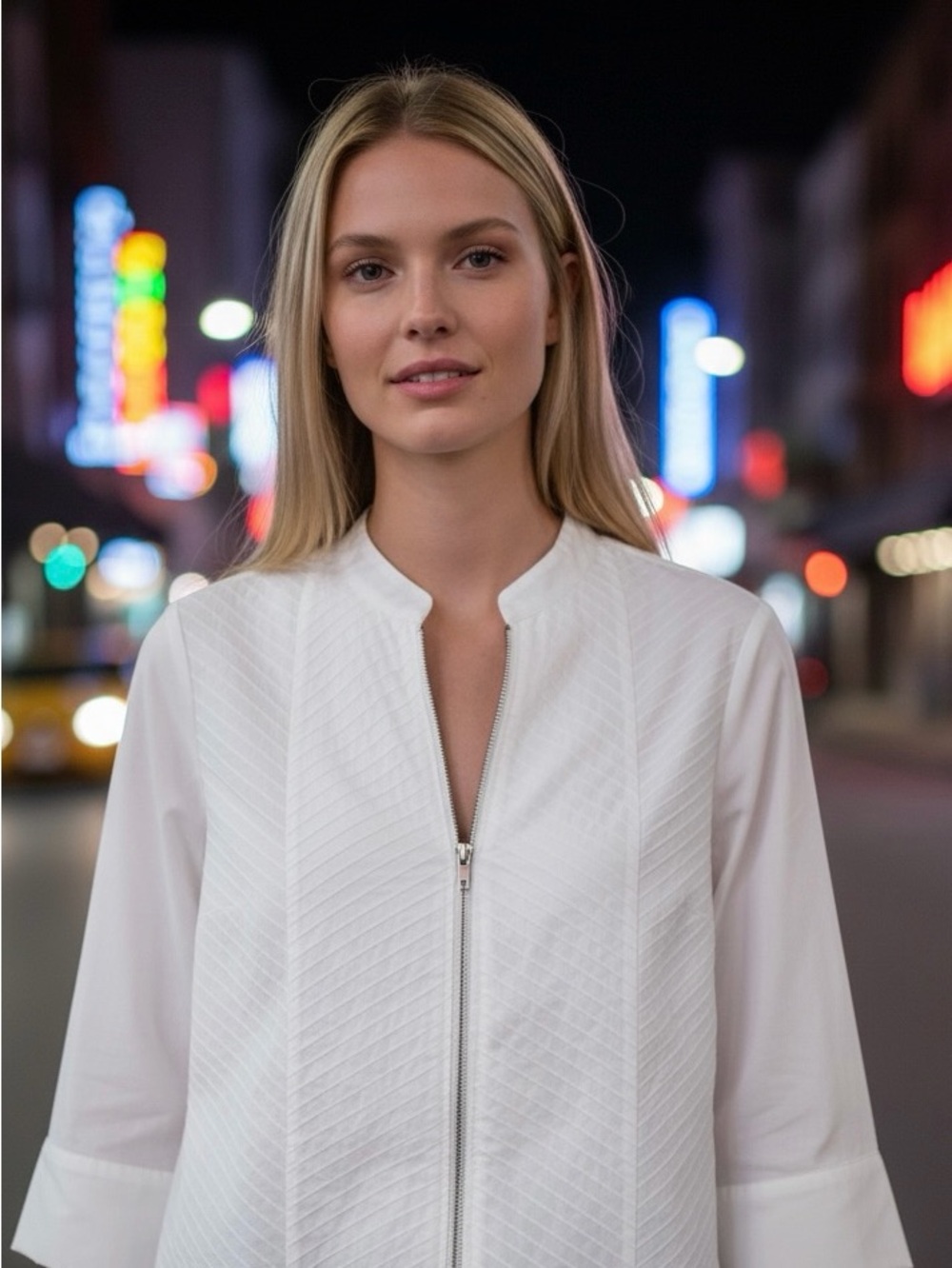 Autograph Woman White Textured Zip-Up Long Sleeve Top, Size 2X, EUC